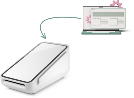 A green laptop with a window overlapping the screen and two gears visible half above and half to the left of the window. A curved arrow points from the computer to a white electronic payement terminal with a white screen all over it.