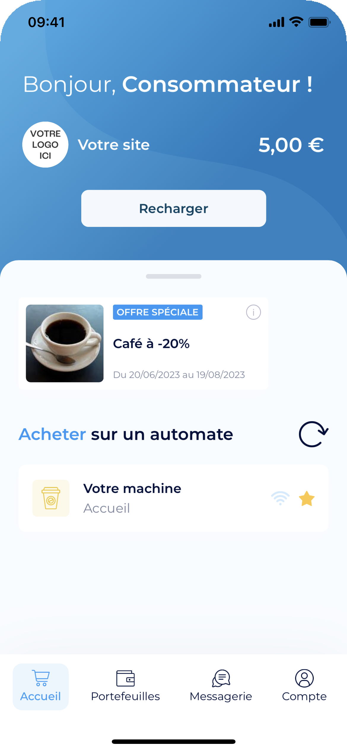 Une capture d’écran de la page d’accueil de l’application Payzily. On y voit le portefeuille de l’utilisateur, une offre spéciale ainsi que le distributeur le plus proche.